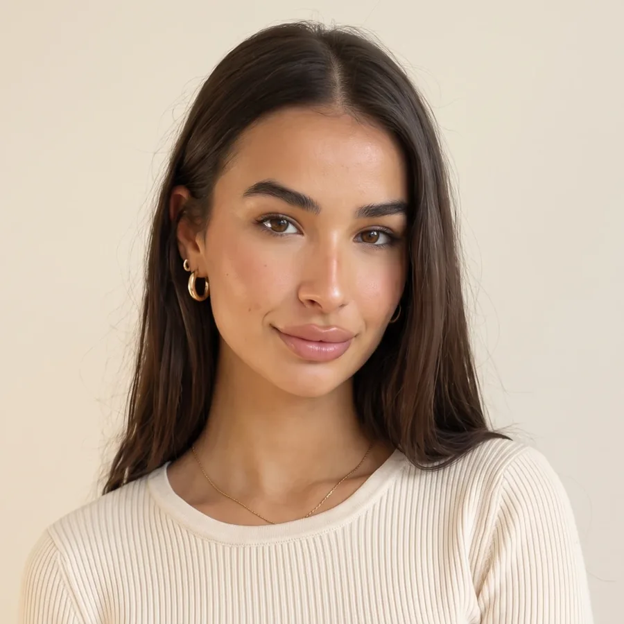 Leina in a cream knit top, the business side